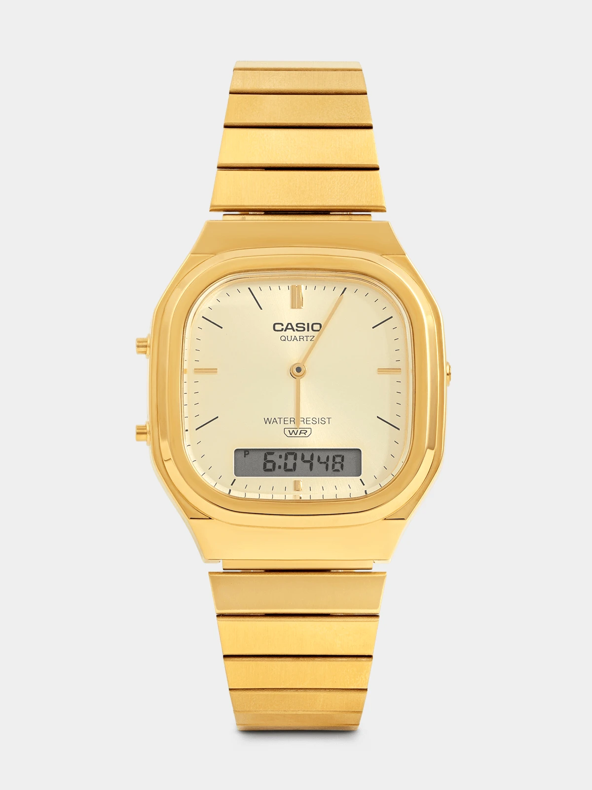 Casio Stainless Steel Gold Plated Gold Tone Dial Square Anadigi Bracelet Watch