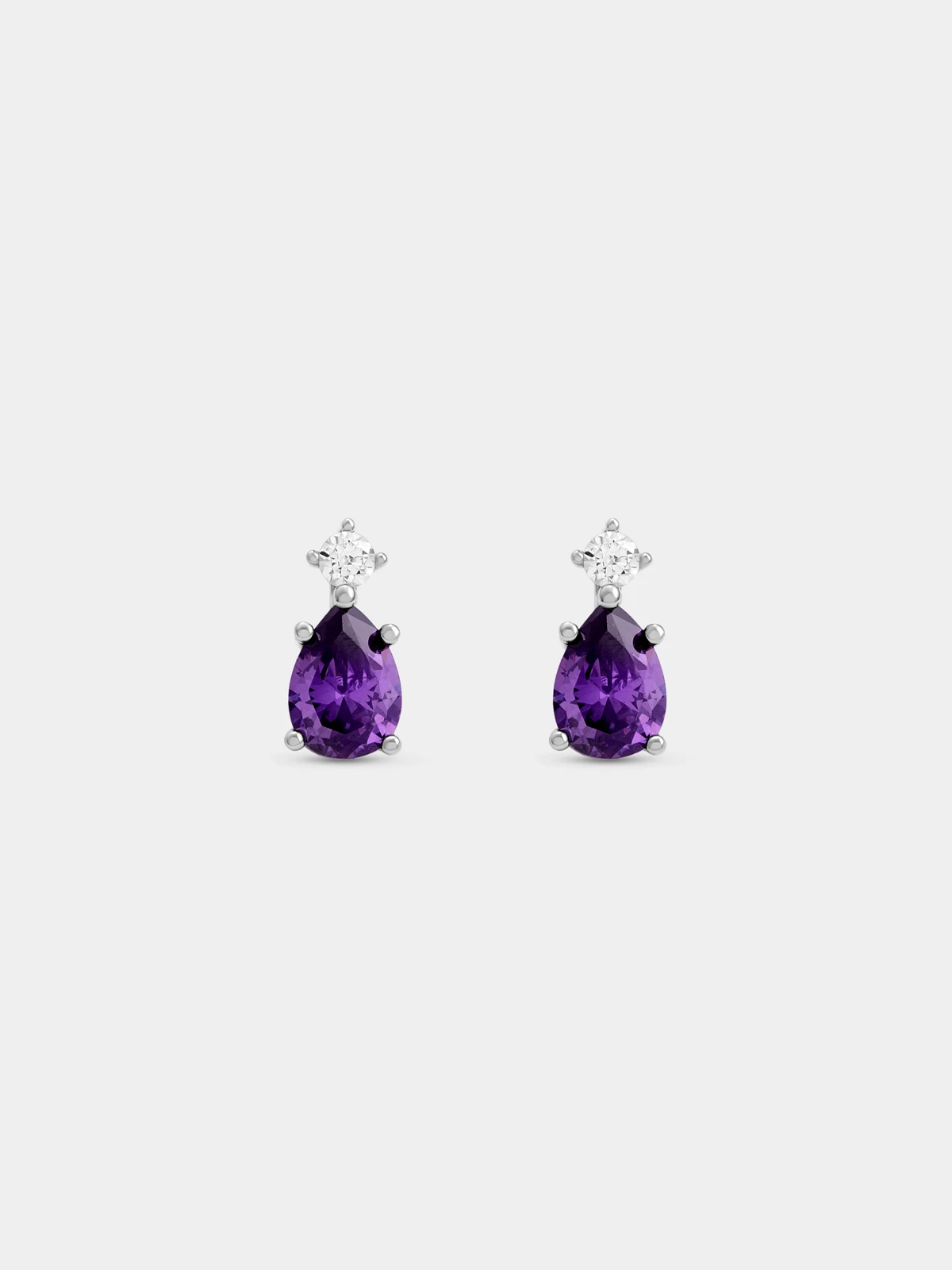 Sterling Silver Amethyst Cubic Zirconia February Birthstone Pear Stud Earrings