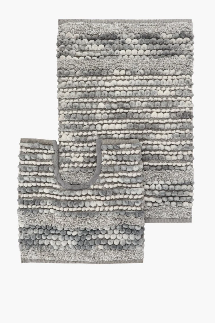 2 Piece Textured Twist Bobble Stripe Cotton Bath Mat Set