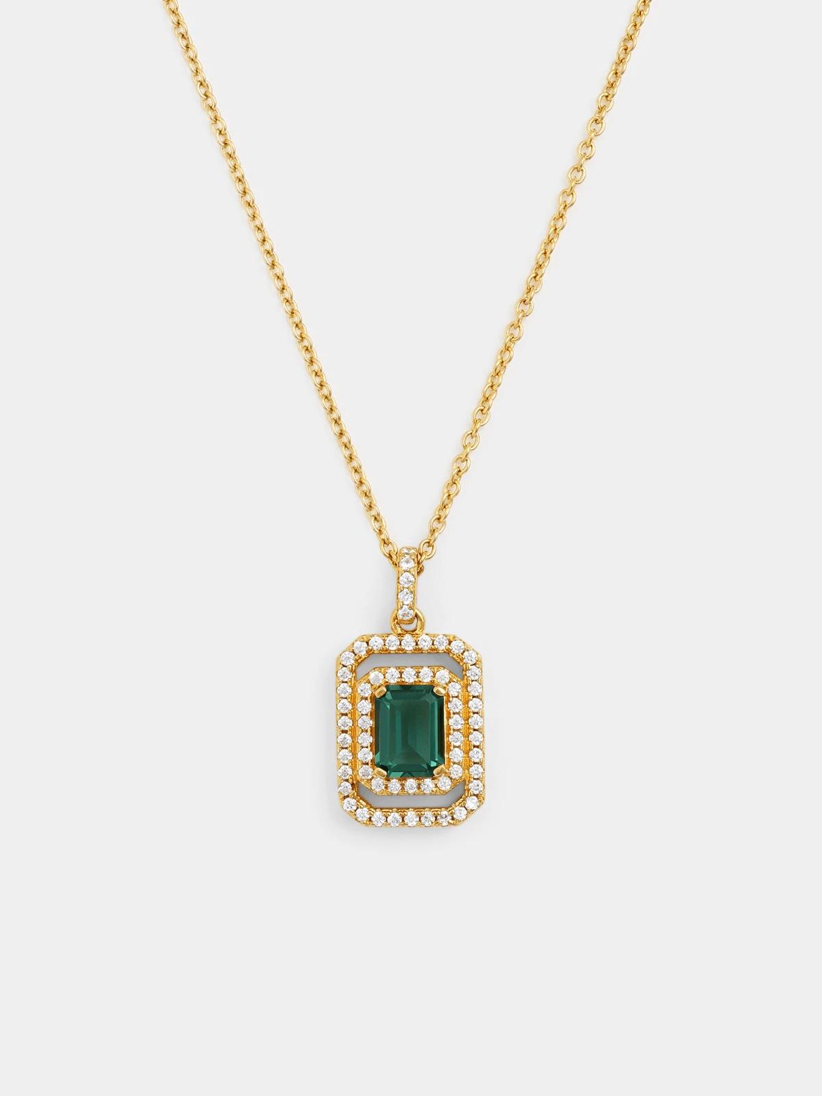 Yellow Gold Vermeil Green Cubic Zirconia Emerald Halo Pendant on Chain