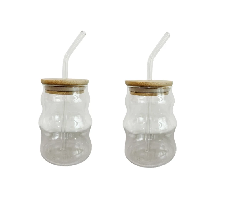 Transparent Ice-Coffee Glass With Bamboo Lid And Straw - Pack Of 2